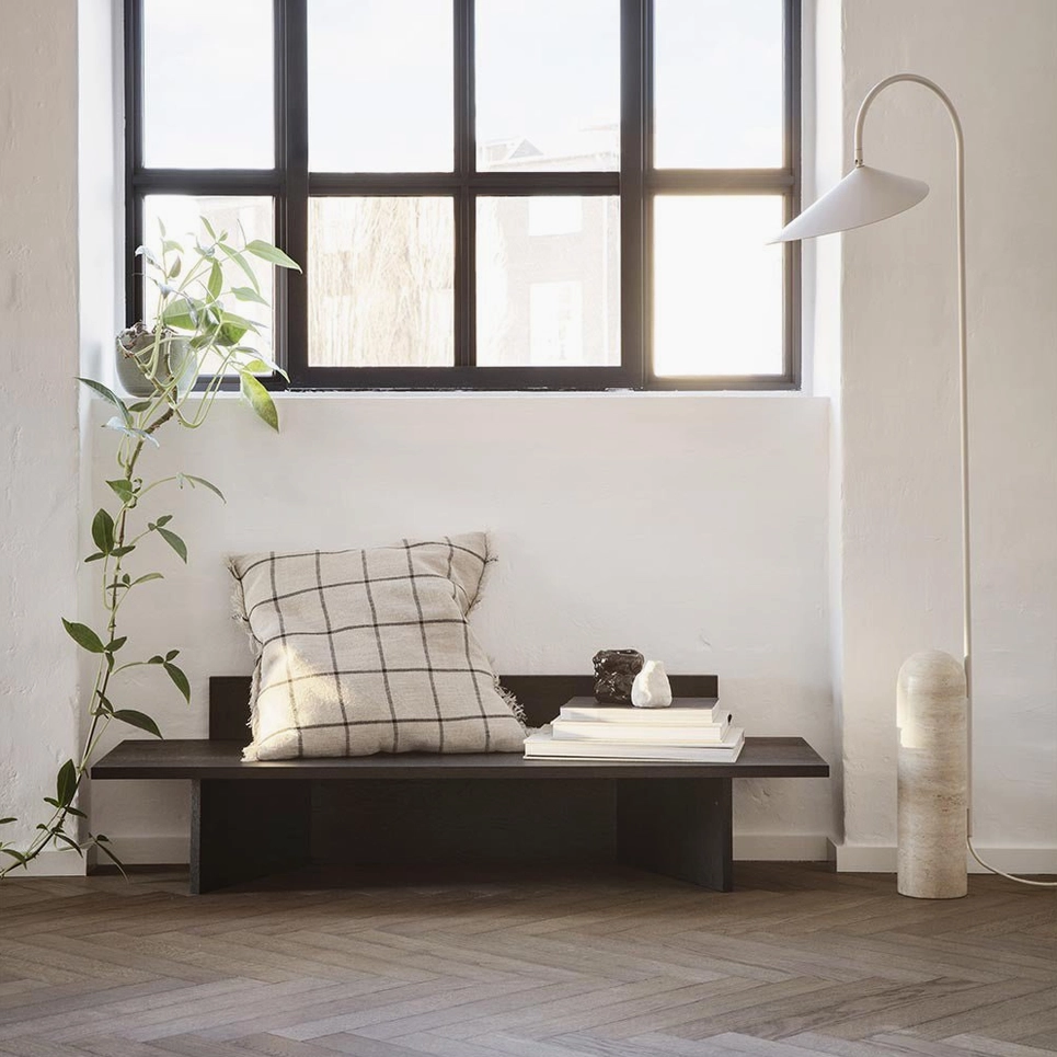 Mono floor lamp revealing metal arm curve engineering and shade attachment detail