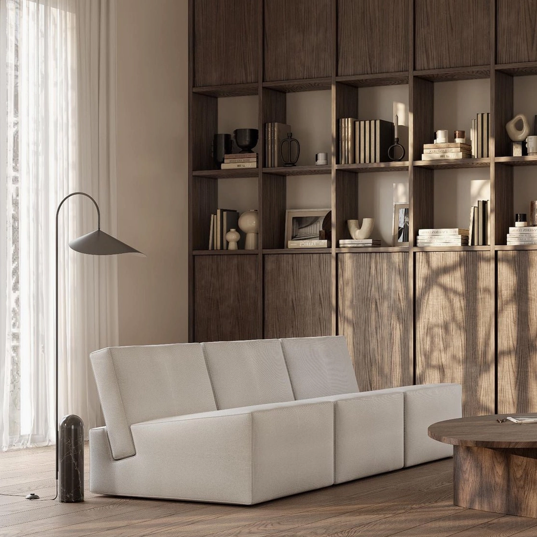 Mono floor lamp in interior space with other minimalist furnishings and decor