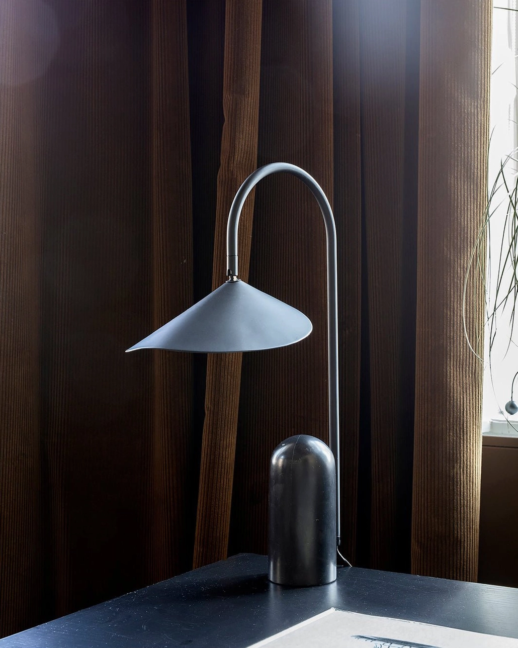 Minimalist black Mono marble lamp full product view with matched tone shade and base