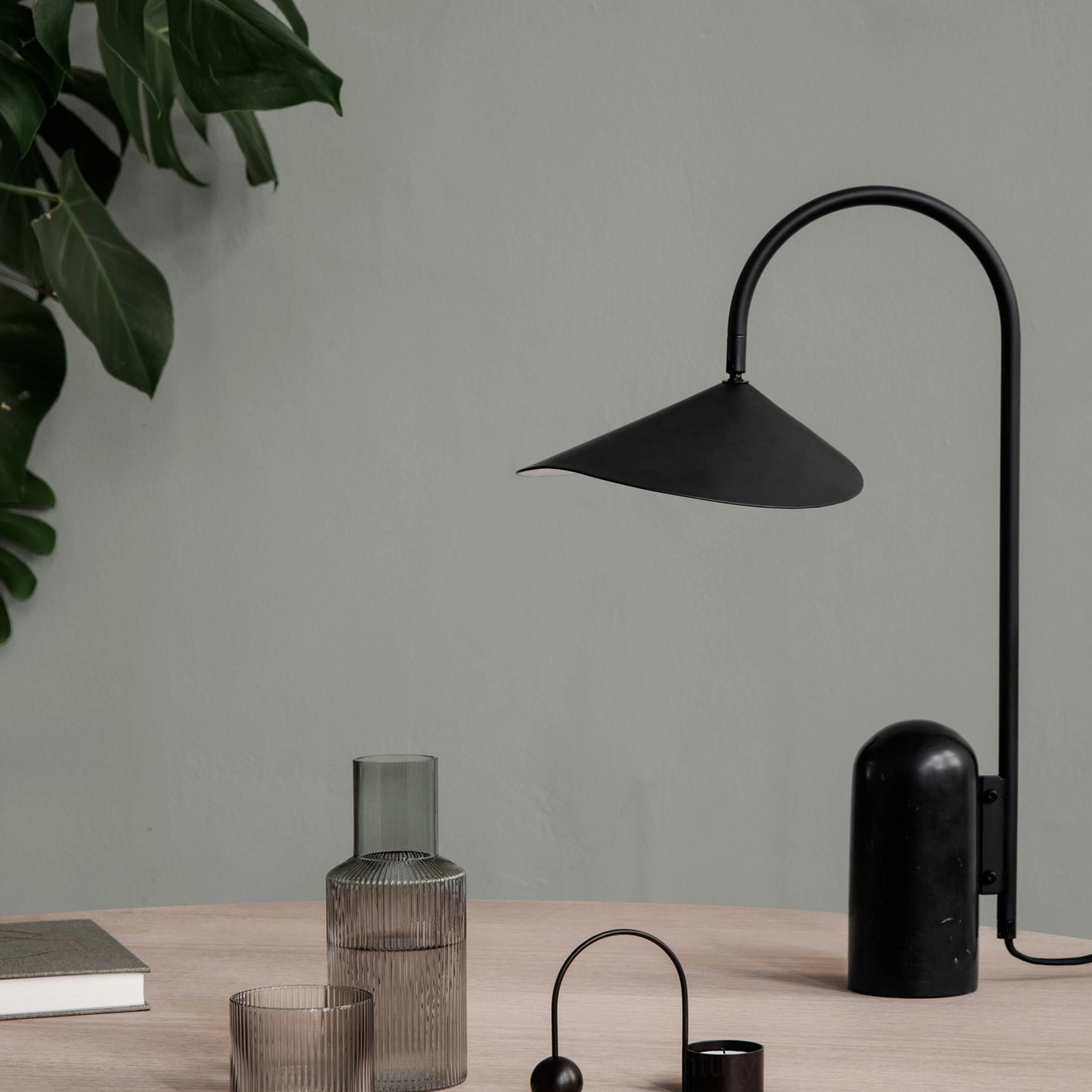 Mono marble base table lamp black finish in scandinavian minimalist home interior styling