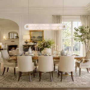 Monroe alabaster pendant light over formal dining table - warm brass and stone chandelier in elegant traditional dining room