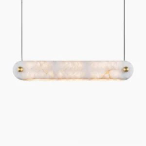 Monroe Linear Alabaster Chandelier front view - minimalist brass and translucent stone pendant light fixture with integrated LED
