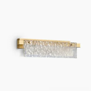 Monrou brass LED wall sconce with clear rippled glass shade, minimalist rectilinear design, frontal studio view