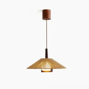 Mons handwoven hemp rope pendant lamp, front low-angle view showcasing natural rattan weave texture against white studio background