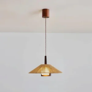 Mons pendant lamp overhead view displaying woven hemp rope shade construction and walnut wood frame in minimalist interior
