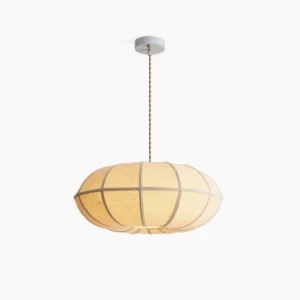 Montecito ribbed linen pendant light with architectural metal framework, frontal studio view showing geometric concentric rib pattern and oval silhouette