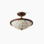 Monterey Capiz mosaic semi-flush ceiling light with hand-assembled shell tiles and walnut metal frame, front view on white background