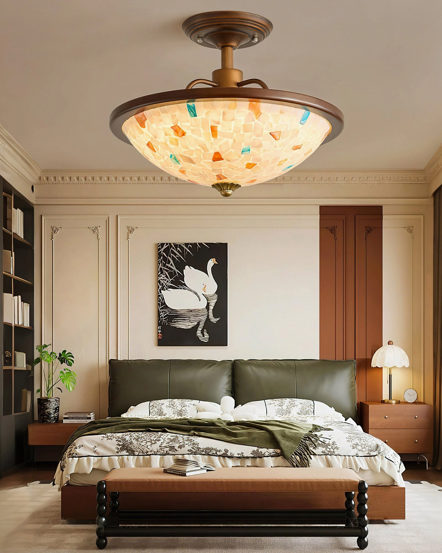 Monterey Capiz shell light fixture illuminated in luxury master bedroom with dark bedding and classic wall decor