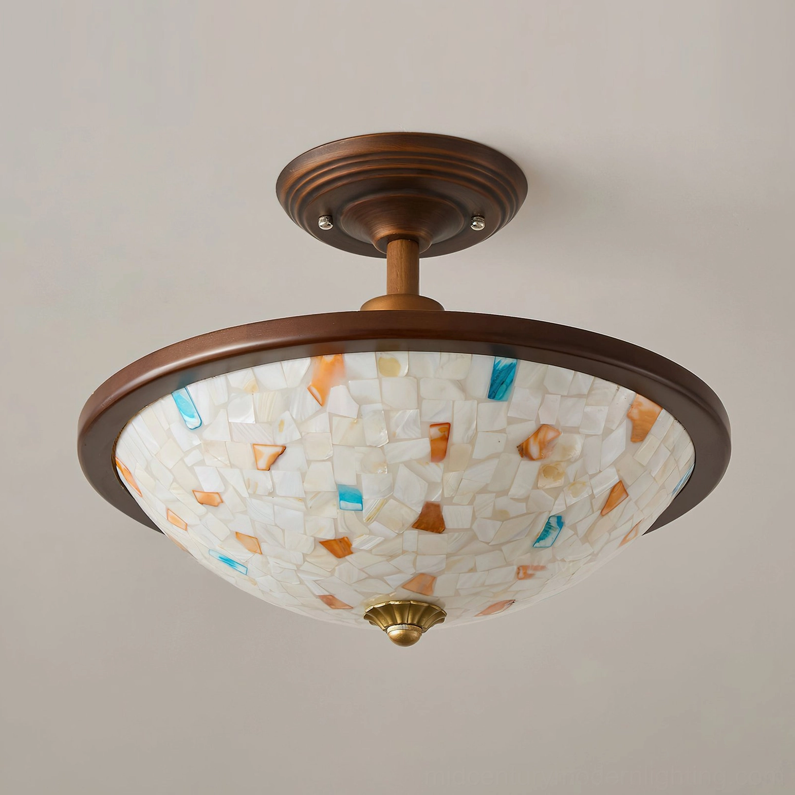Monterey Capiz semi-flush ceiling fixture front overhead view with brass-colored trim and complete shell mosaic shade