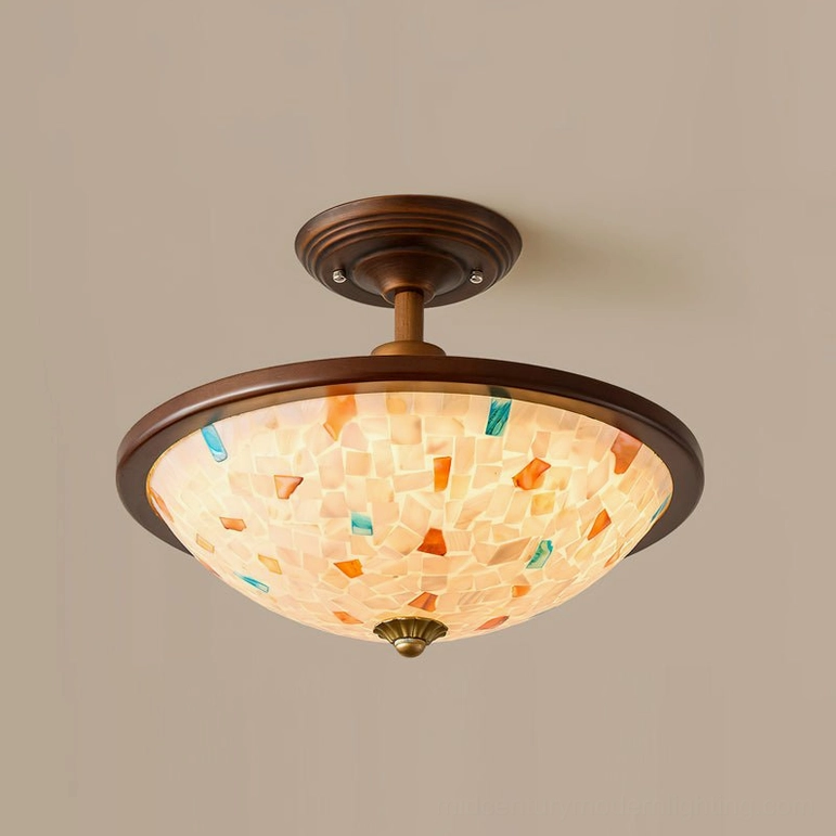 Monterey Capiz mosaic semi-flush ceiling light flat front view showing hand-finished shell tile arrangement and warm lighting