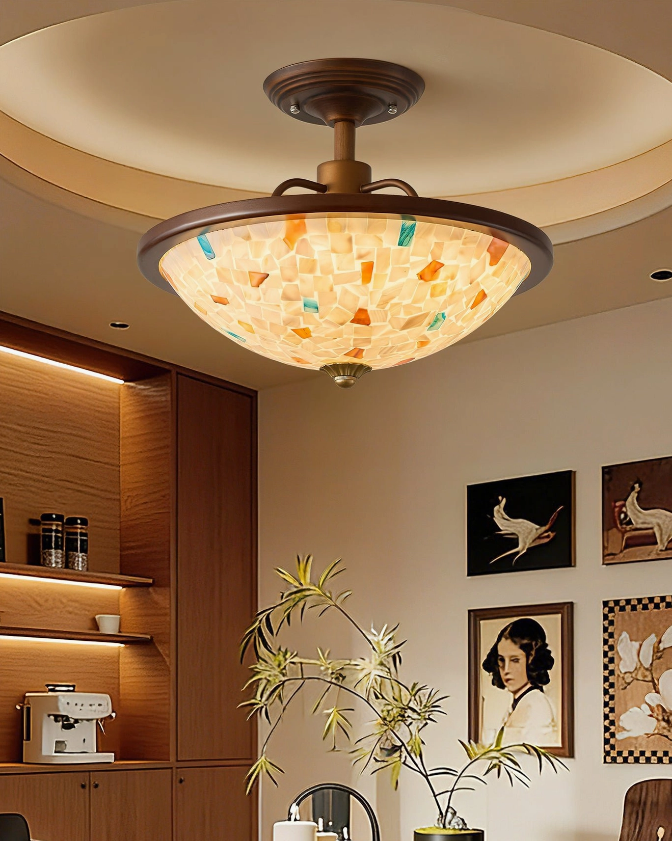 Monterey Capiz mosaic ceiling mount overhead view in contemporary living room with green plants and decorative wall art