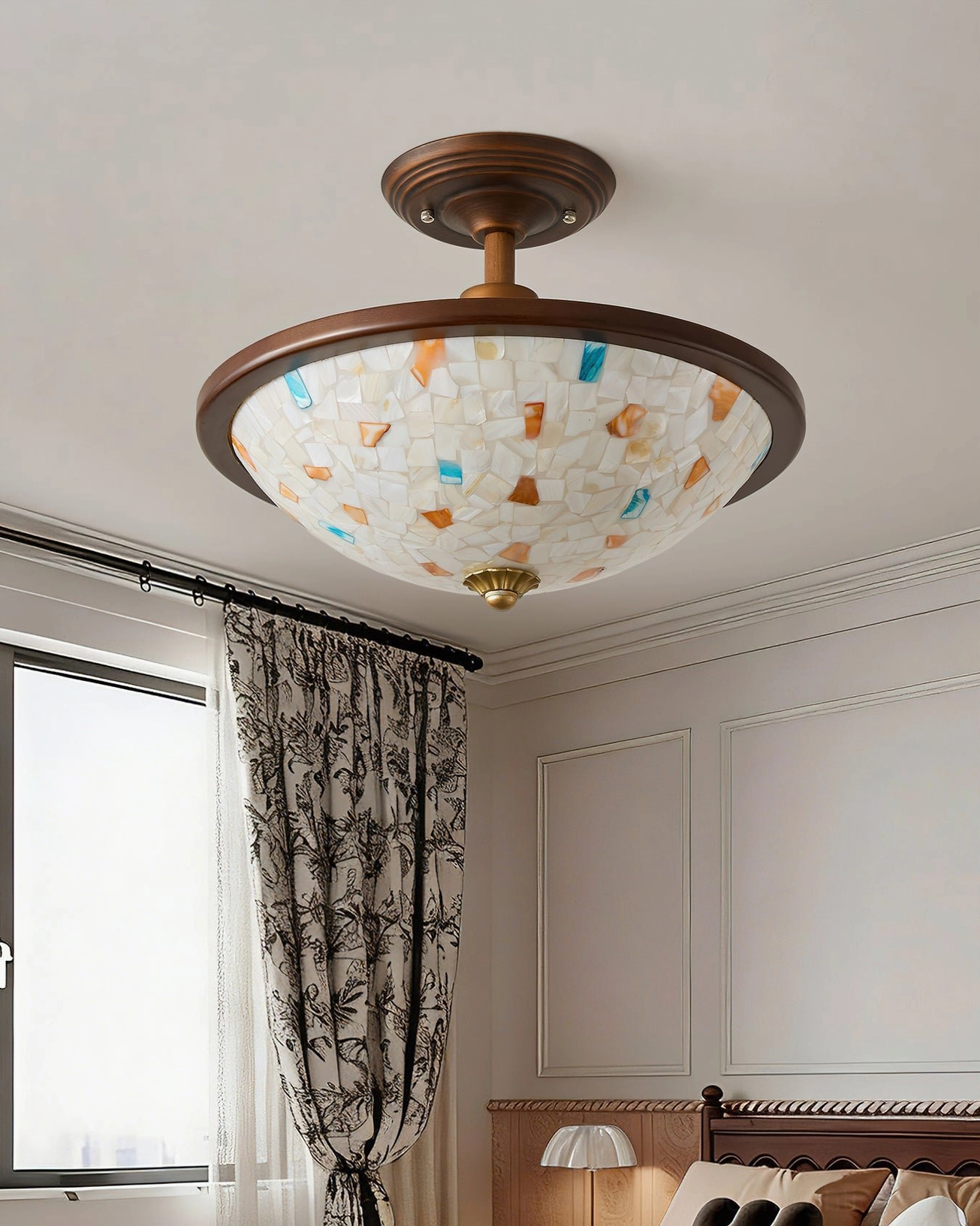 Monterey Capiz mosaic semi-flush light overhead view in minimalist bedroom with patterned curtains and wall paneling