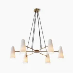 Montfaucon 6-head mid-century modern brass chandelier with frosted white glass shades, studio overhead view