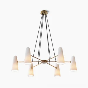 Montfaucon 6-head mid-century modern brass chandelier with frosted white glass shades, studio overhead view