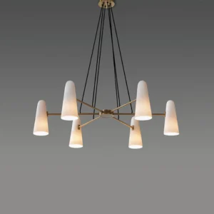 Montfaucon mid-century chandelier flat lay detail showing tapered cone shade geometry and brass frame construction