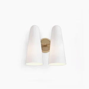 Montfaucon brass and glass wall sconce with cone-shaped frosted white glass shade and polished brass mounting bracket