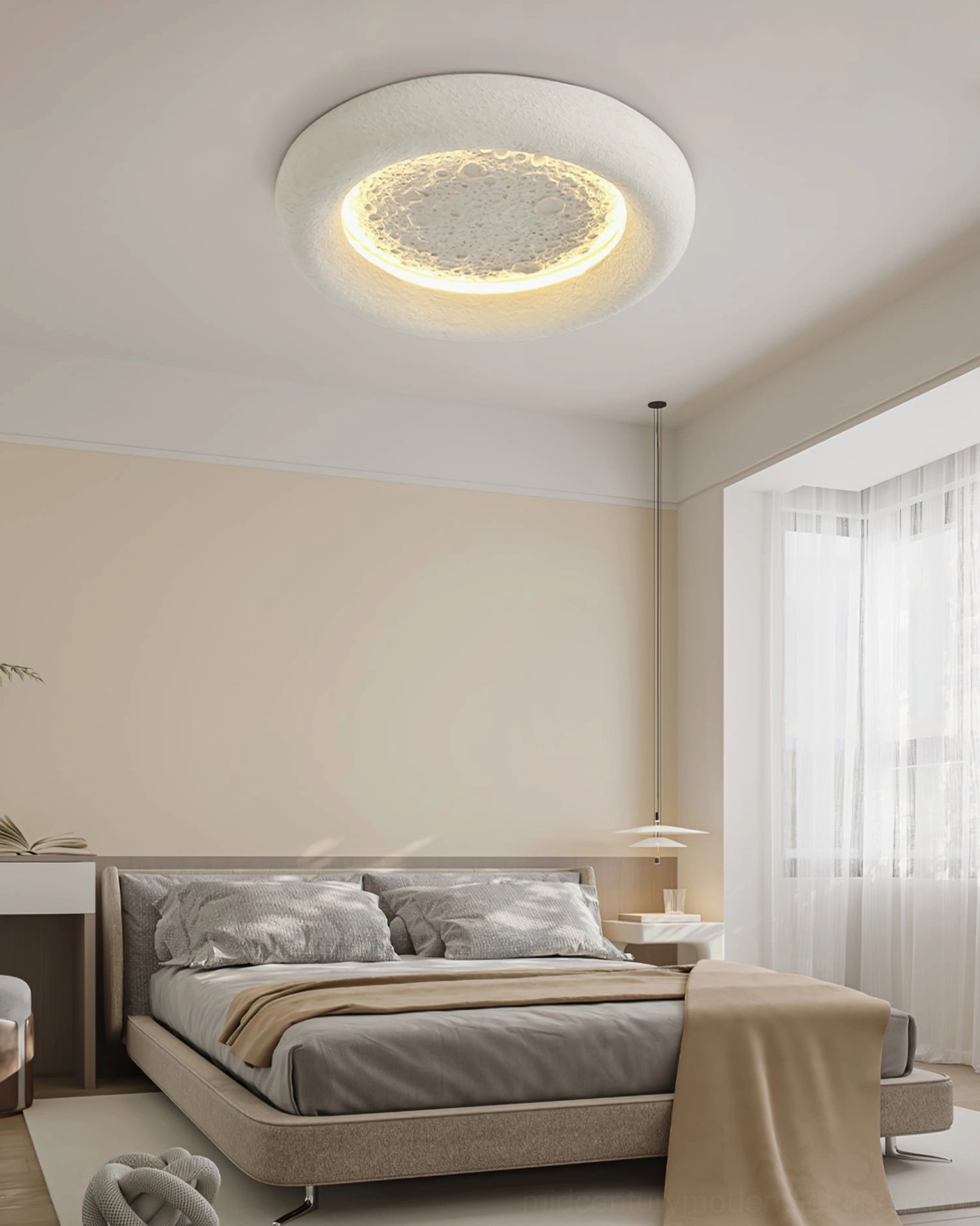 Moon-inspired ceiling light in bedroom interior with large sheer curtain window and warm ambient lighting