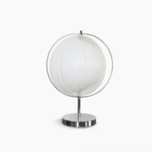 Moon Kare rotatable globe table lamp with chrome base and white pleated ribbed shade, front view studio display