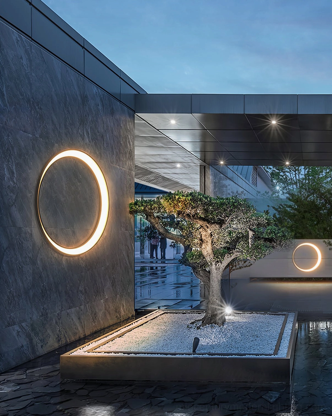 Moon-inspired circular LED wall lamp modern exterior facade installation showing both black and white finish options