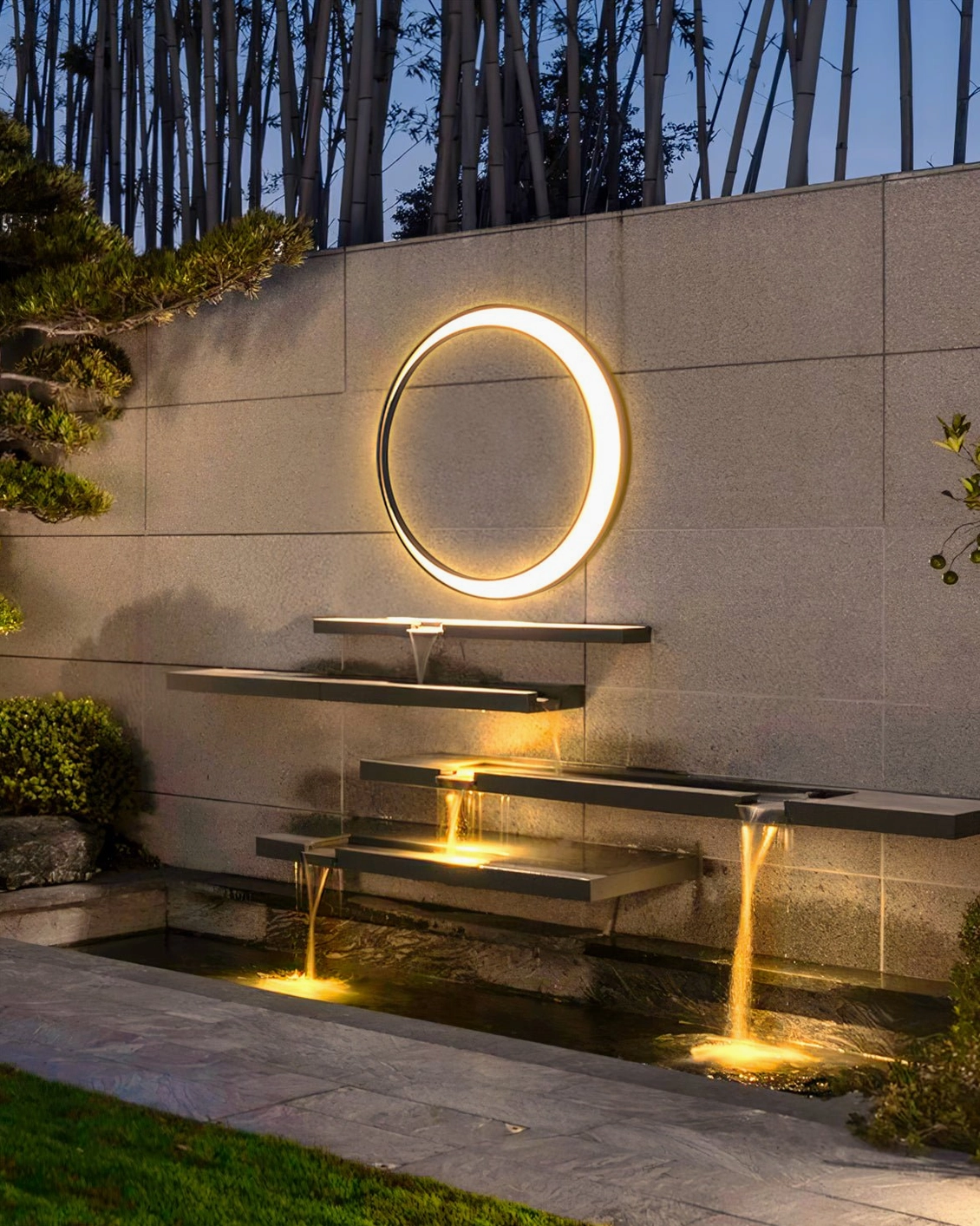 Moon ring outdoor lamp mounted on stone tile waterfall garden wall