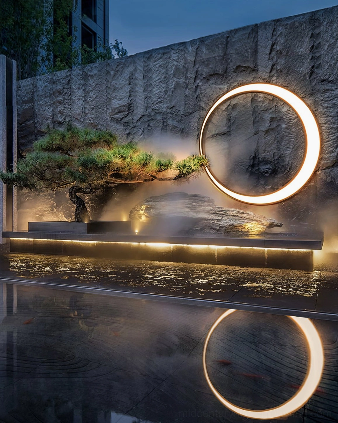 Moon ring wall lamp zen rock garden water feature warm white LED