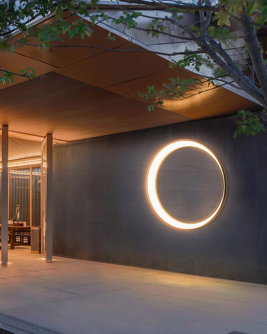 Modern moon-inspired outdoor wall lamp installation guide and technical specifications diagram