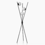 Moon Tripod Floor Lamp with three frosted white glass globes on matte black metal stand, front view
