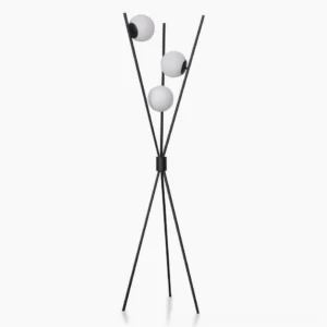 Moon Tripod Floor Lamp with three frosted white glass globes on matte black metal stand, front view