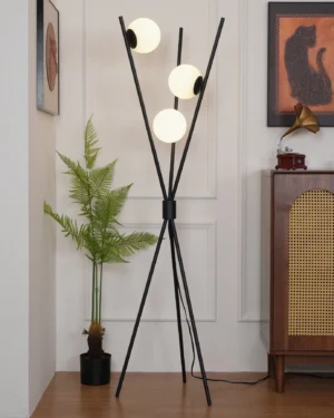 Lit Moon Floor Lamp with warm glowing white globes creating ambient light in vintage home corner