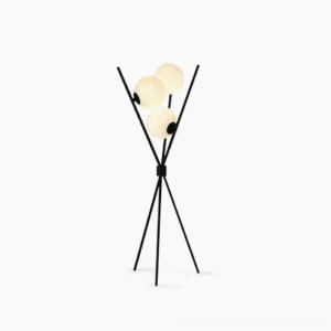 Moon tripod table lamp with dual frosted glass spheres and matte black metal frame, front studio view