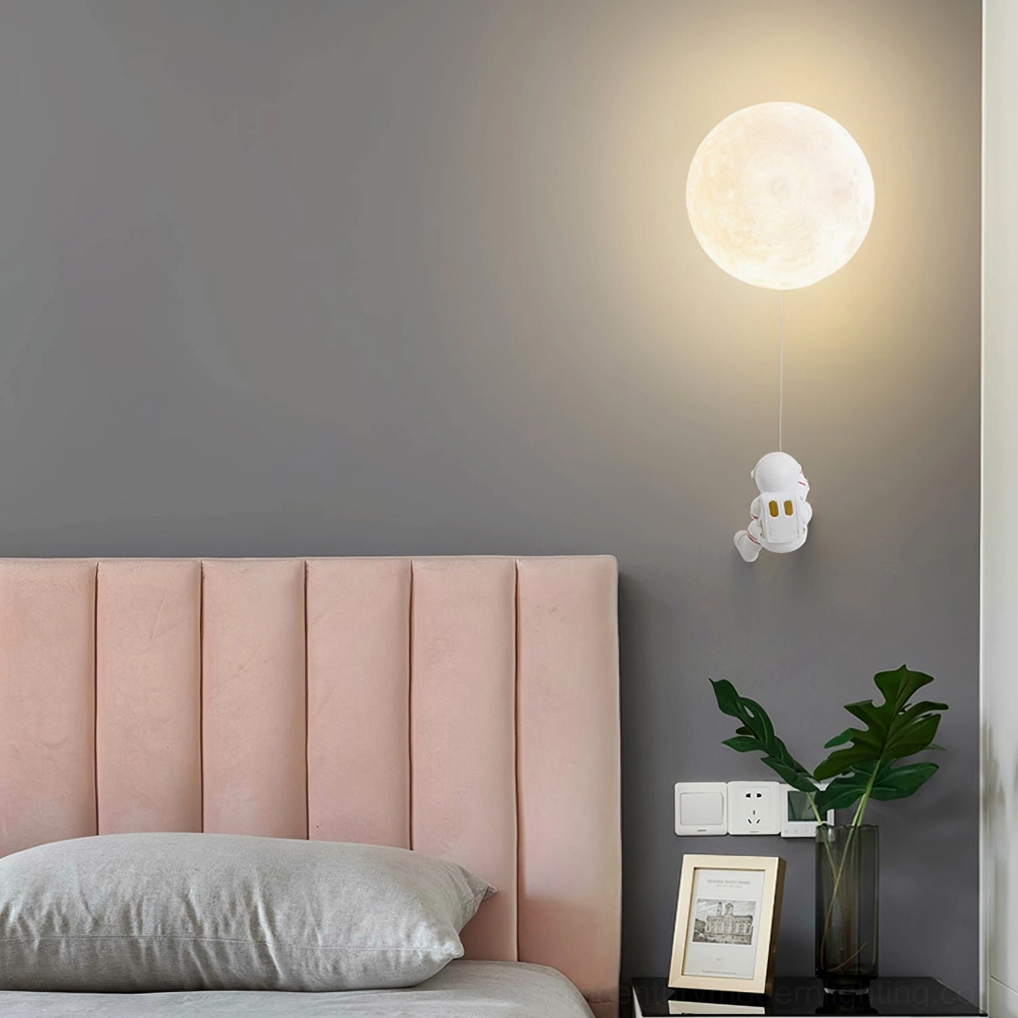 Modern moon globe wall lamp in reading nook with comfortable seating and soft lighting