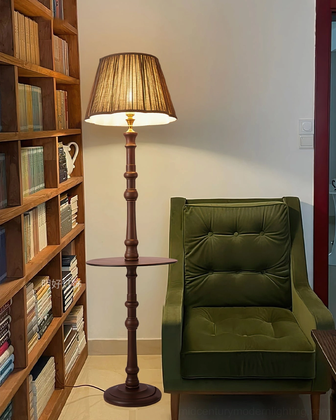 Moonshine Mid-Century Floor Lamp close-up showing craftsmanship of wooden base and fabric shade
