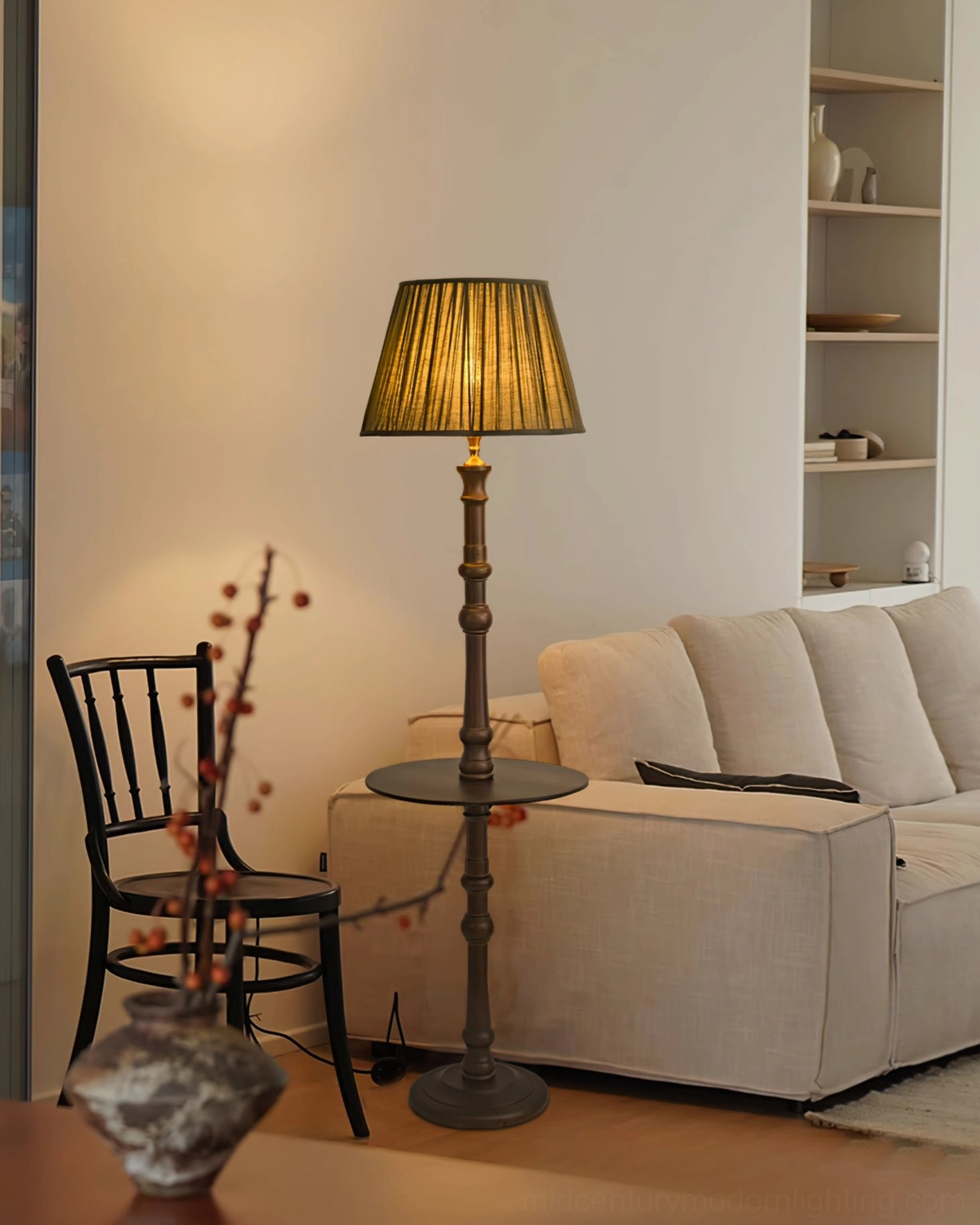 Moonshine Floor Lamp featuring integrated side table platform and wooden structure
