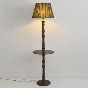 Moonshine Floor Lamp with warm ambient lighting, wooden pole and side tray detail, white background
