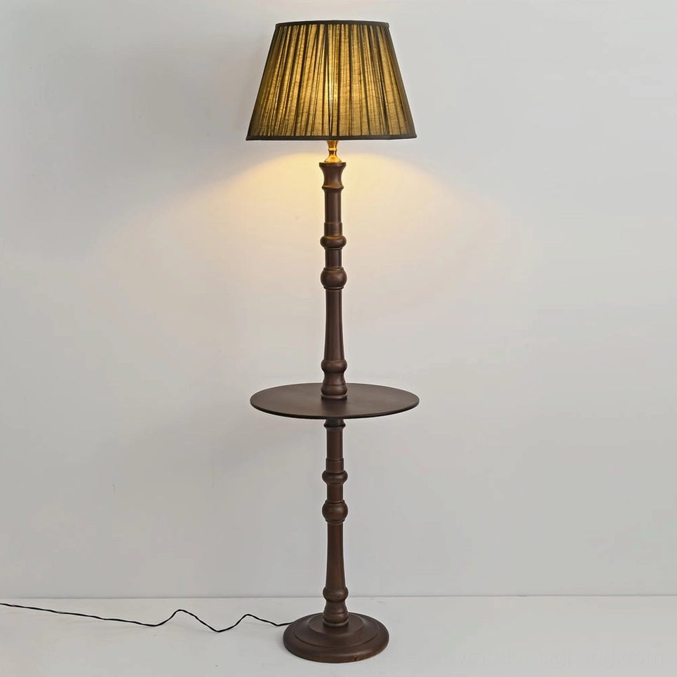 Moonshine Floor Lamp with warm ambient lighting, wooden pole and side tray detail, white background