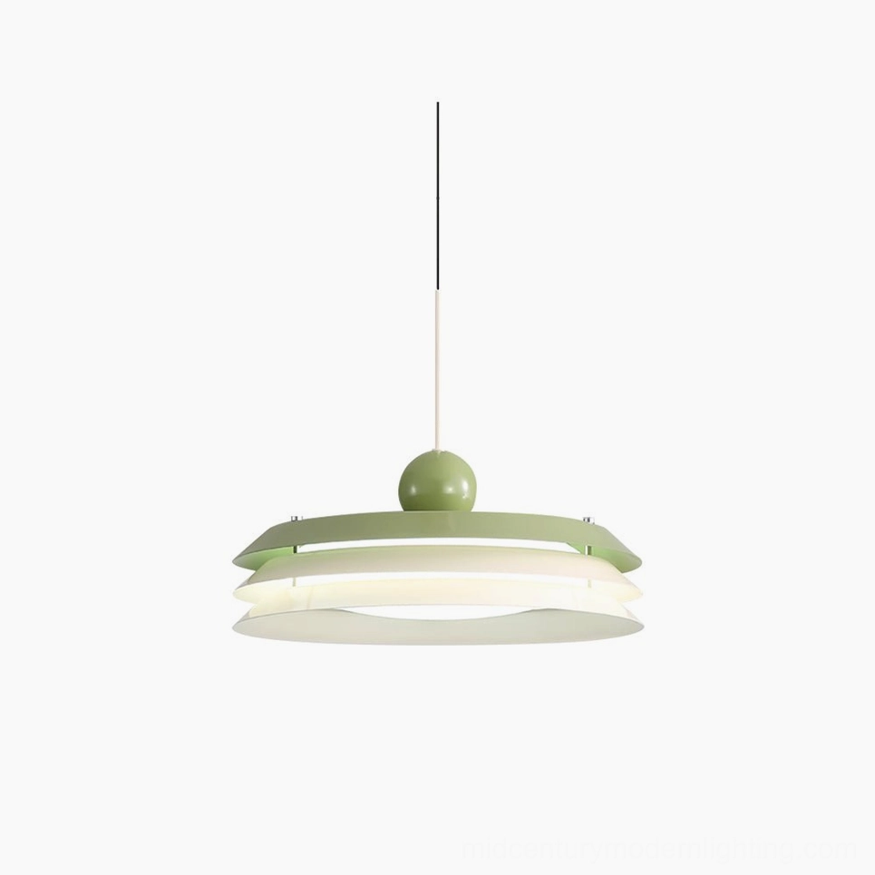 Muted green Morandi layered pendant light showing artistic design and warm illumination effect