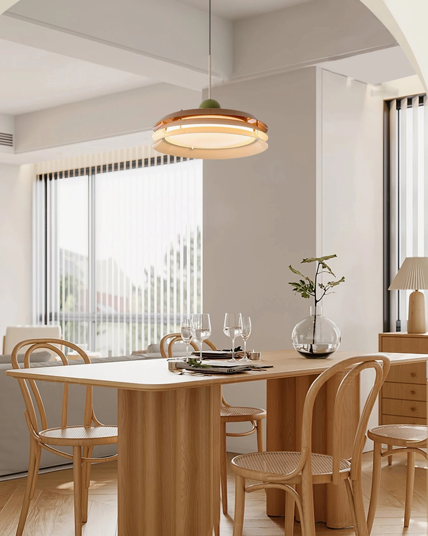 Green and white Morandi pendant lamp with 150cm adjustable suspension cable installation view
