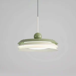 Morandi style layered pendant light fixture with spherical top and green-white finish against grey background