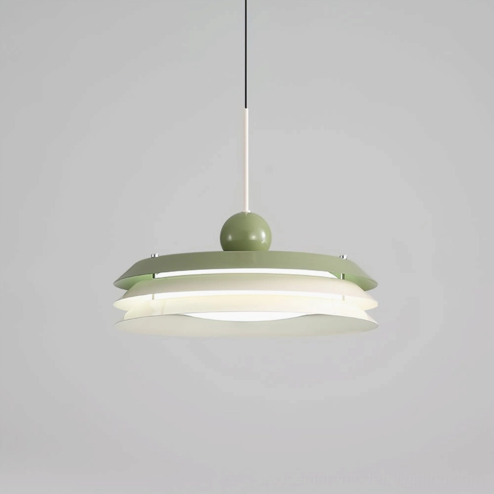 Morandi style layered pendant light fixture with spherical top and green-white finish against grey background