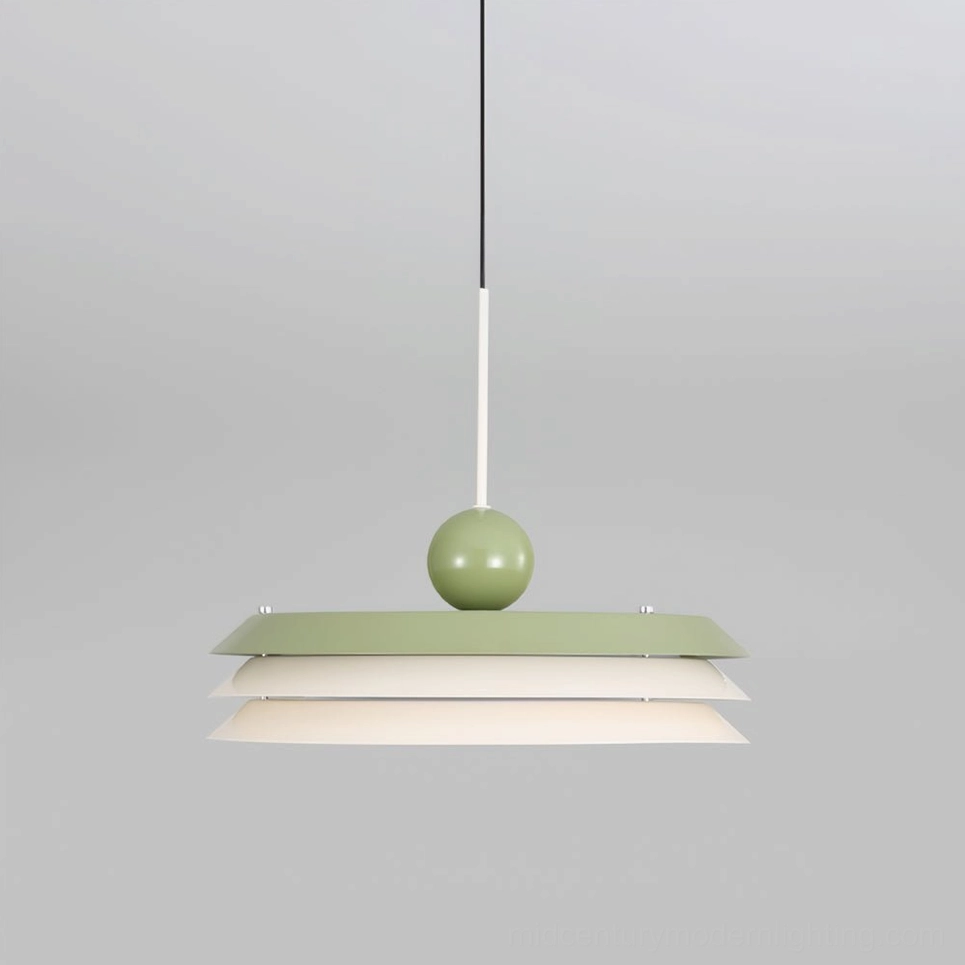 Muted color Morandi pendant fixture showing layered ceramic shade construction and design detail