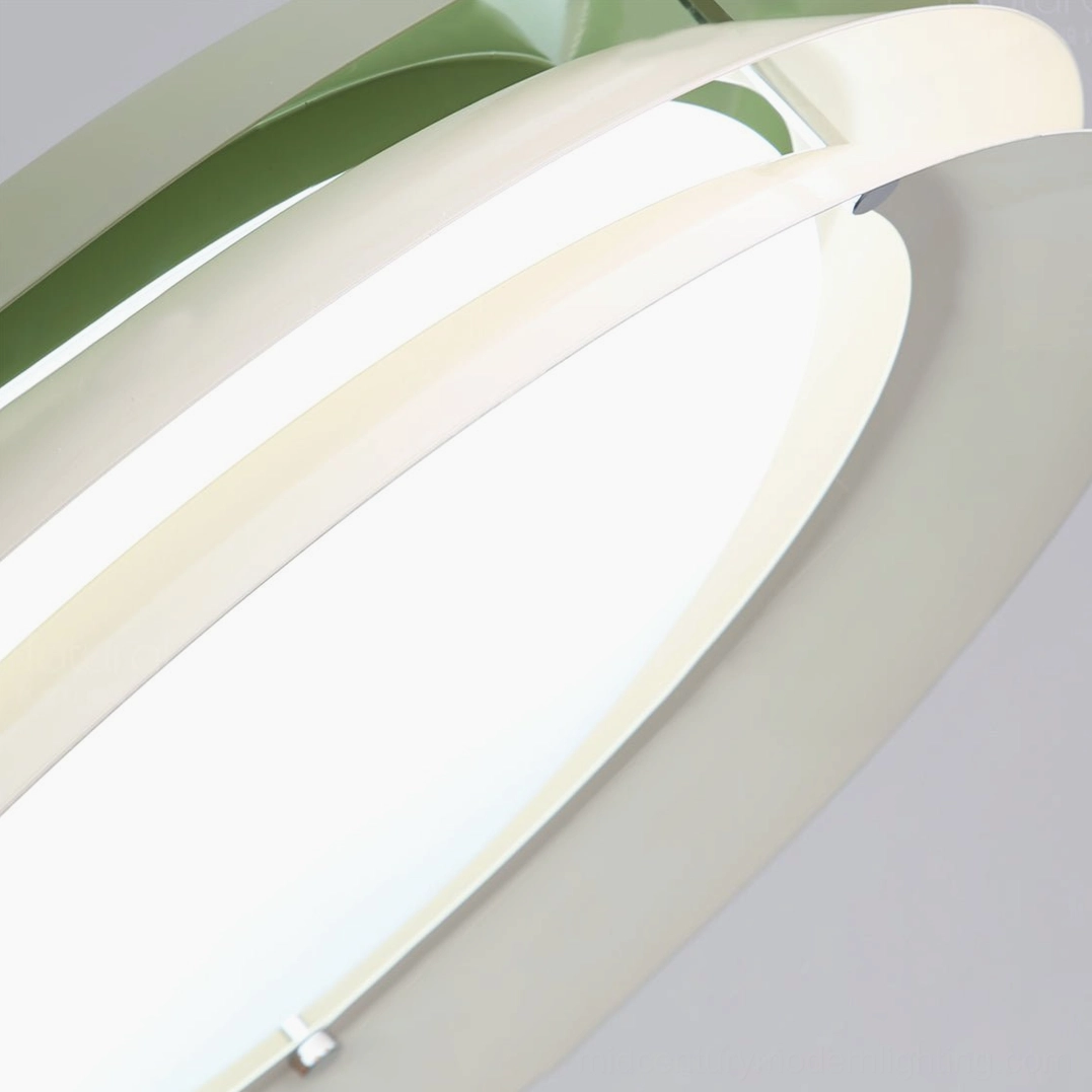 Morandi pendant lamp showing spherical top and graduated layered shade in soft muted tones