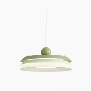 Morandi pendant lamp with muted green and white ceramic shade on white studio background, front view