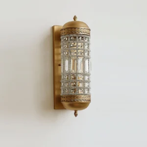 Vintage Moroccan crystal wall lamp with ornate brass detailing and grid pattern shade