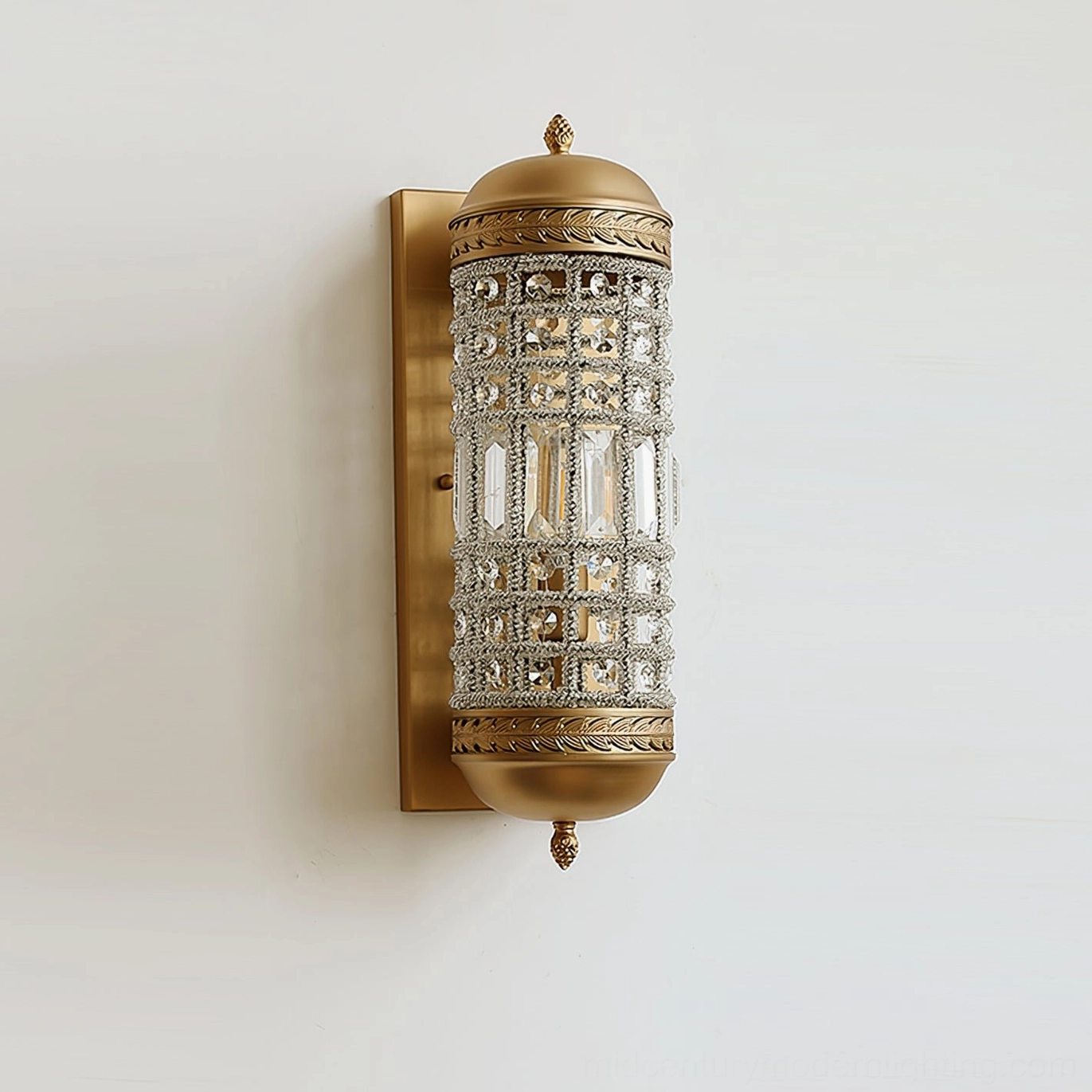 Vintage Moroccan crystal wall lamp with ornate brass detailing and grid pattern shade