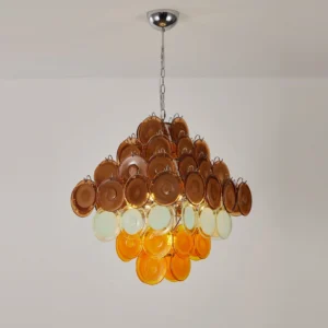 Mortimer retro glass chandelier hanging display showing tiered glass disc layers and chrome ceiling mount
