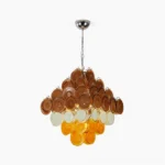 Mortimer mid-century modern glass disc chandelier front view with warm amber and blue gradient suspended from chrome chain