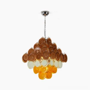 Mortimer mid-century modern glass disc chandelier front view with warm amber and blue gradient suspended from chrome chain