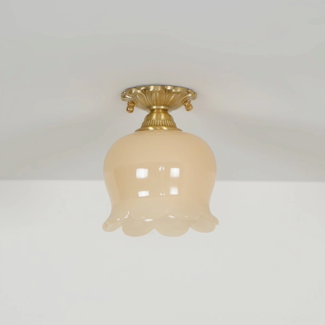 Morup tulip flush mount ceiling lamp installed in bedroom creating intimate cozy overhead lighting