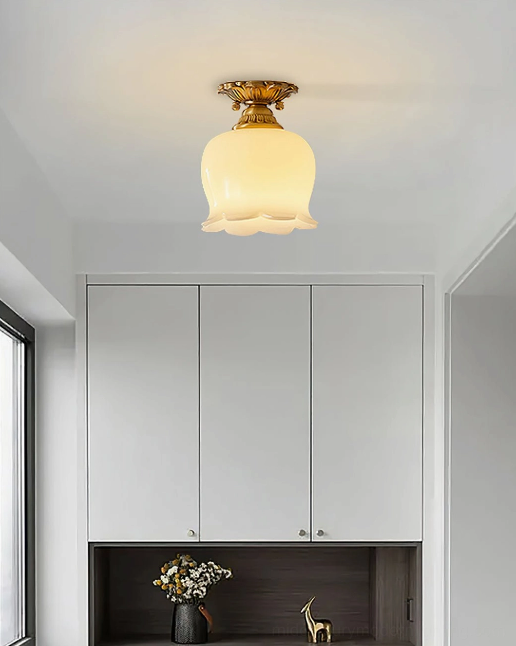 Morup flush mount ceiling lamp in modern entryway with storage, brass base and beige resin shade