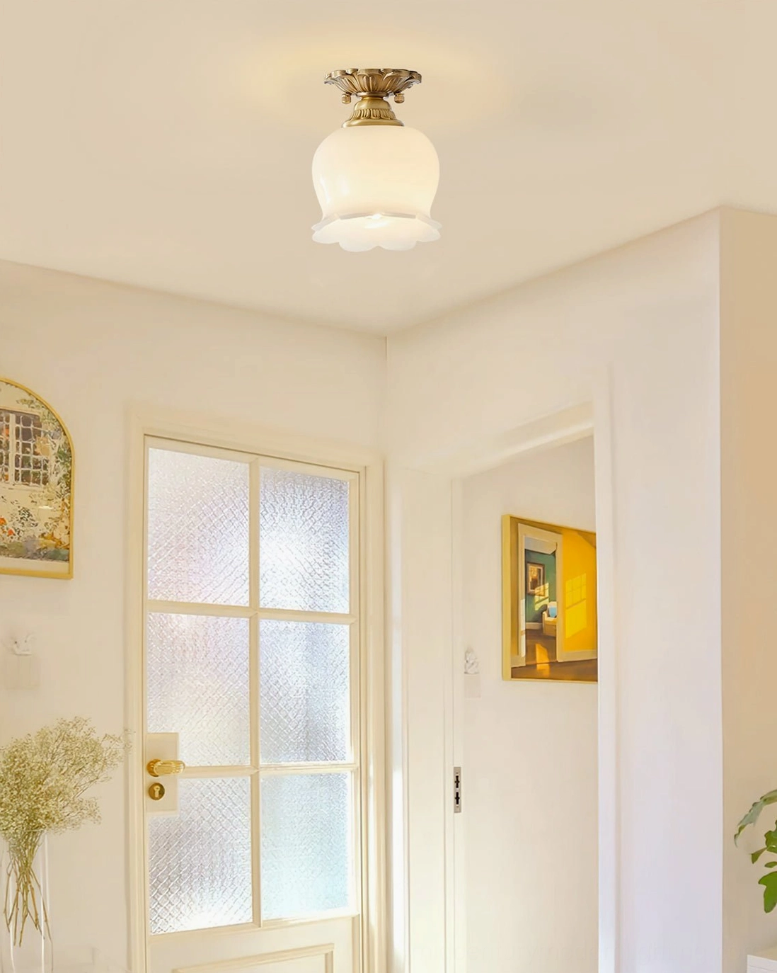 Single Morup tulip flush mount in minimalist white hallway, simple elegant vintage ceiling light fixture